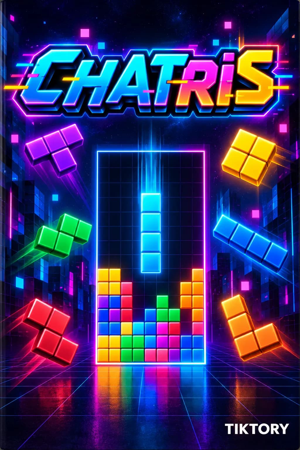 CHATRIS cover art: neon falling blocks stacking in a grid