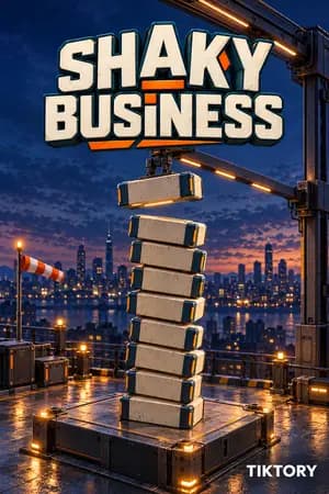 Shaky Business cover art: a crane stacking concrete beams over a city skyline